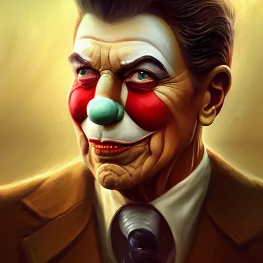 Prompt: Ronald Reagan in clown makeup, closeup, D&D, fantasy, intricate, elegant, highly detailed, digital painting, artstation, concept art, matte, sharp focus, illustration, hearthstone, art by Artgerm and Greg Rutkowski and Alphonse Mucha