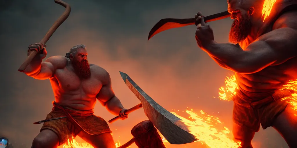 Image similar to painting of thunder giant holding a fire axe, immaculate scale, hyper-realistic, Unreal Engine, Octane Render, digital art, trending on Artstation, 8k, detailed, atmospheric, immaculate