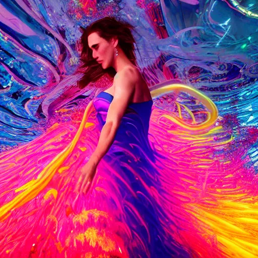 Image similar to jennifer connelly dancing underwater wearing a very long dress made of a chaos of neon colors and lights flowing sideways in a strong current of water, coral sea bottom, octane render, caustics lighting from above, cinematic, hyperdetailed