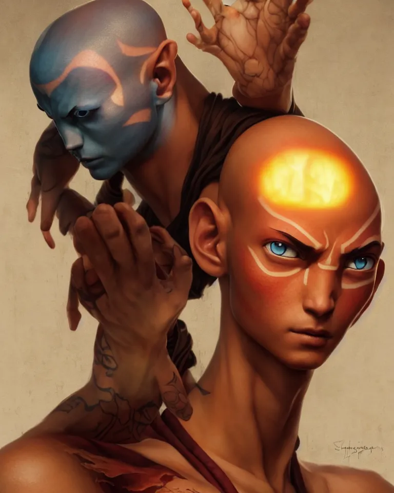 Image similar to avatar aang glowing tattoo,digital art,ultra realistic,ultra detailed,art by greg rutkowski sacha goldberger,hyperdetailed,detailed face,professional lighting,dramatic,3 point lighting