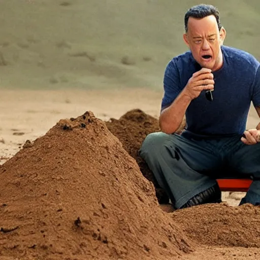 Prompt: Tom Hanks eating a pile of dirt on all fours in his boxers