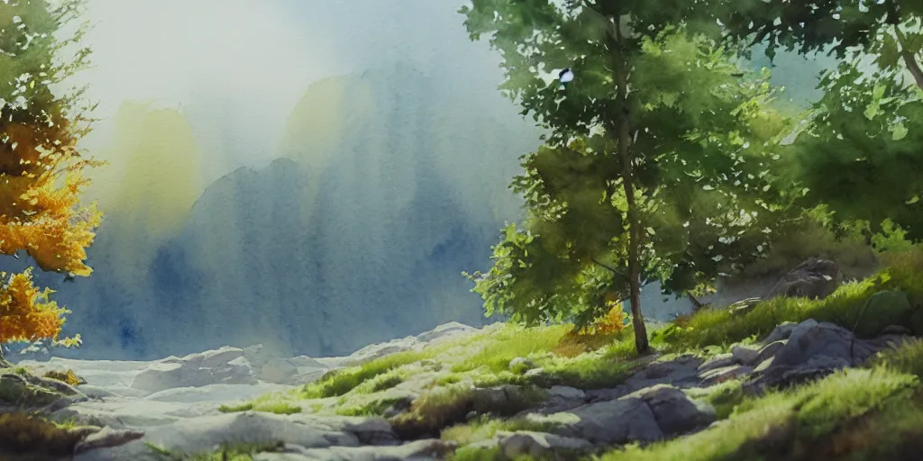 Image similar to nature landscape, watercolor, ultra realistic, highly detailed, hd, sharp focus, cinematic lighting, warm colors, realistic, photorealistic, vivid colors, painting, digital art, non blurry, sharp, artstation, smooth, illustration