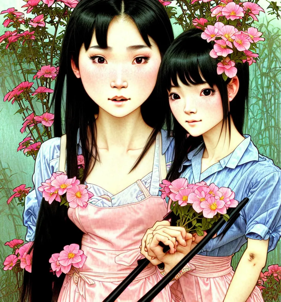 Image similar to closeup portrait of an innocent 18 year old lady from Vietname wearing a pretty little dress with straight silky black hair, in a butcher shop, holding a butcher knife. insanely and epically detailed high-quality artwork with soft colors, exquisitely detailed soft shadowing, amazingly composed image, epic pencil illustration, by Range Murata and by Alphonse Mucha and by Katsuhiro Otomo.