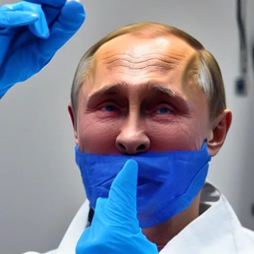 Image similar to vladimir putin in hazmat suit in a lab with blue crystals