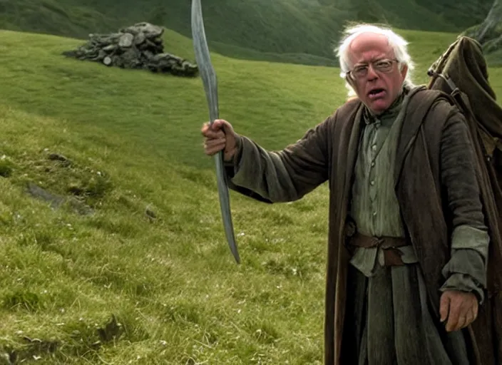 Image similar to film still of bernie sanders as frodo in lord of the rings movie, 8 k