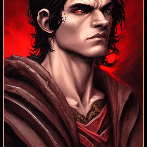 Image similar to an epic fantasy comic book style portrait painting of a male teifling rouge in dark tunic, with medium long dark hair, d & d, fantasy, intricate, elegant, highly detailed, digital painting, artstation, concept art, matte, sharp focus, illustration, art by artgerm and greg rutkowski and alphonse mucha