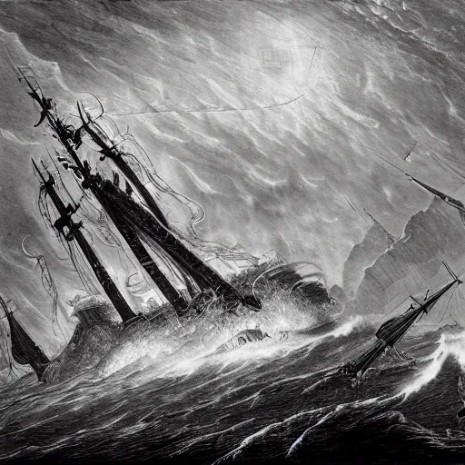 Prompt: giant sea dragon attacking a ship, by gustave dore