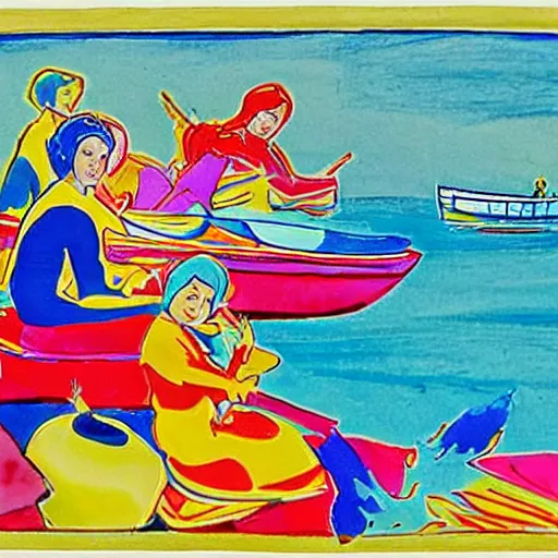 Image similar to neat illuminated manuscript by peter max. the mixed mediart of a group of well - dressed women & children enjoying a leisurely boat ride on a calm day. the women are chatting & laughing while the children play with a toy boat in the foreground.