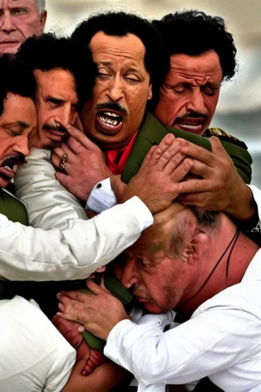 Image similar to human centipede with lukashenko putin gaddafi in roles