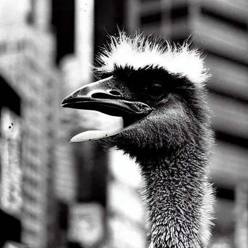 Prompt: black and white flash close - up photograph by weegee of an emu in times square.