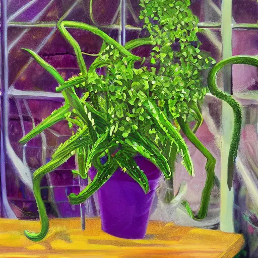 Prompt: several green and violet poisonous spiked vines grow from a pot, on wooden table in the ray of sunshine in greenhouse, oil painting, sharp focus, high detailed, calm, warm lighting, sparkles, by Rutkowsky