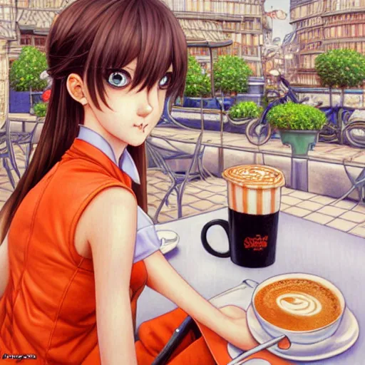 Image similar to a French girl in a café with a giant orange frog. insanely and epically detailed supreme-quality color ink pen artwork, amazingly composed image, illustrated by Range Murata and Artgerm.