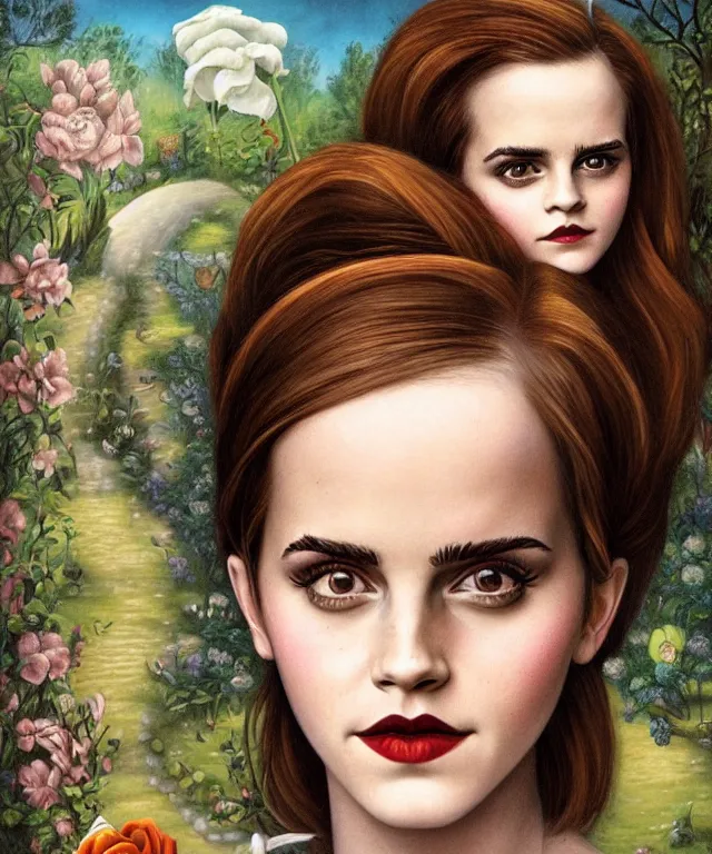 Image similar to portrait of Emma Watson in wonderland, lowbrow painting by Mark Ryden