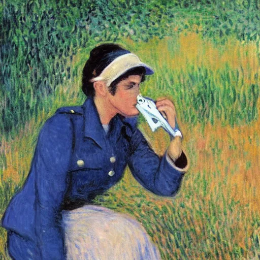 Prompt: a female israel defence force soldier pressing a staple gun to her own head and looking depressed by monet