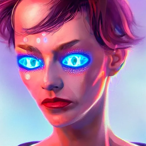 Prompt: A beautiful and detailed portrait of a middle-aged beautiful girl that has bright implants on her face and an angry-desperate look on her eyes. Red eyes trail, bokeh cyberpunk city background, artstation, violet-blue palette, vignette, by artgerm,