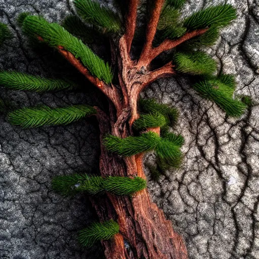 Prompt: photo twisted small fir growing from a small rock in lake, frank frazetta, fog, medium shot, cinematic