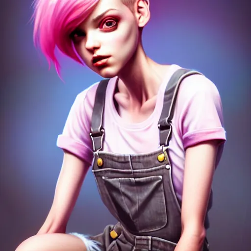 Image similar to full body pose, pixar, beautiful androgynous girl, pink pixie cut hair, torn overalls, short shorts, combat boots, fishnets, beautiful, highly detailed face, true anatomy!, extremely detailed!, digital painting, unreal engine 5, art by tom bagshaw