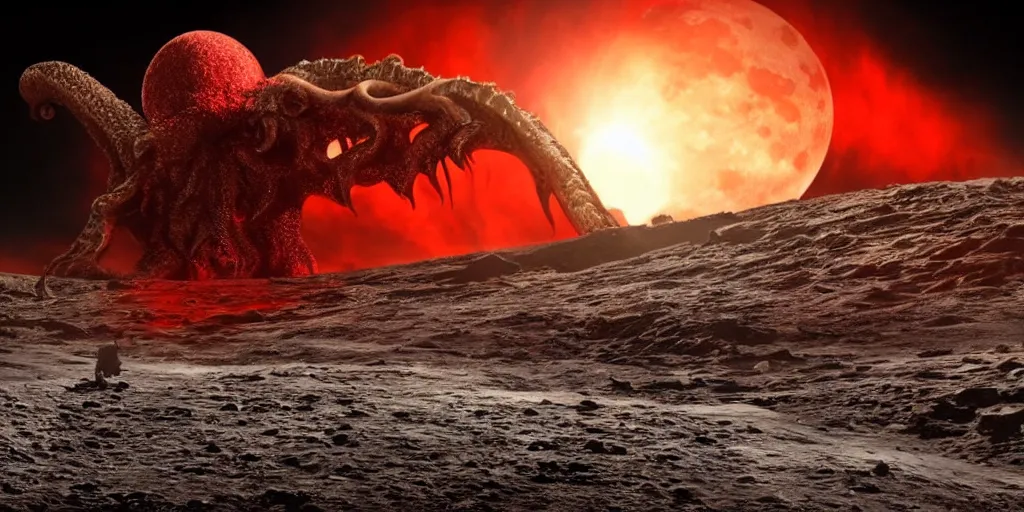 Image similar to giant <Cthulhu> silhouetted on lunar surface attacking <red spaceship>, photorealistic, wide-angle, long shot, epic, space, lunar backdrop