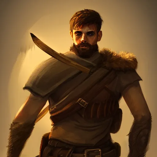 Image similar to portrait of a young rugged ranger, muscular, upper body, longsword, D&D, fantasy, intricate, cinematic lighting, highly detailed, digital painting, artstation, concept art, smooth, sharp focus, illustration