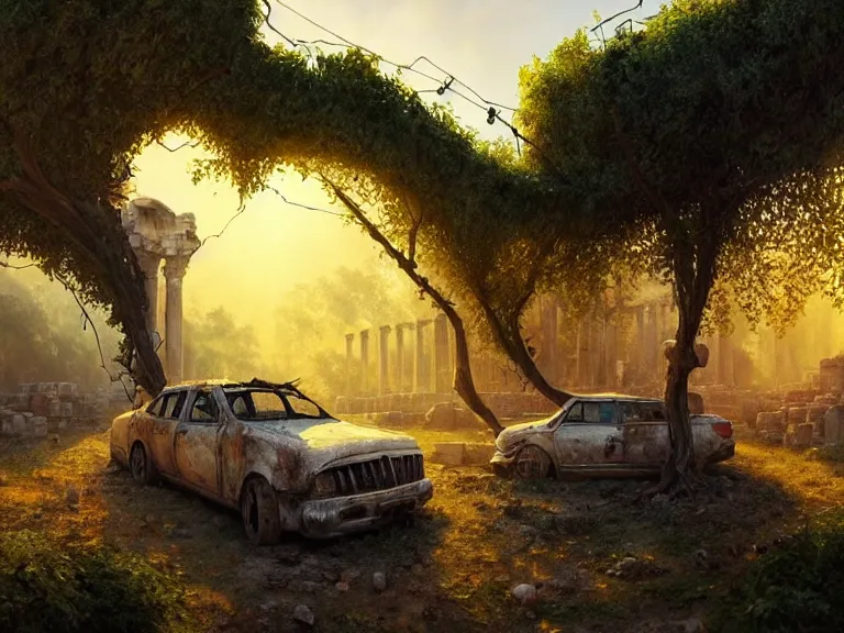 Prompt: a tree growing on a scrap car in ancient greek ruins, gray wasteland, many overgrown scrap cars, pillars and arches, colorful flowers, vines, cinematic, ray of golden sunlight, alphonse mucha, greg rutkowski, trending on artstation, artgerm, breathtaking, smooth, mark arian, award winning