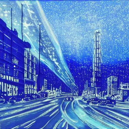 Image similar to night scene of a city. The darkness of the night is illuminated by artificial lighting. The sky is painted with cobalt blue, and shimmers with the light of stars.