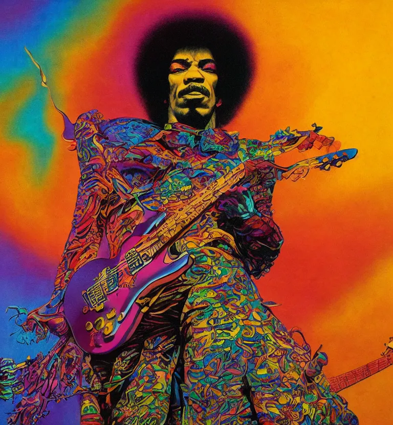 Prompt: colourful jimi hendrix playing guitar, afrofuturist biomorphic opart background, octane render 8 k, pascal blanche, josh kirby, roger dean, james jean, giger, arthur rackham, moebius, syd mead, killian eng beksinski, greg hildebrandt, scifi, 8 k