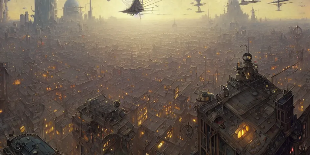 Image similar to steampunk airship above a busy city, exquisite details, denoised, mid view, by norman rockwell, karl kopinski, artsation, greg rutkowski, makoto shinkai, takashi takeuchi, studio ghibli