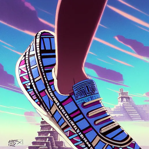 Image similar to sneaker design, aztec mayan street fashion native punk shoe design, hip hop sneaker design with subtle mayan patterns, gapmoe yandere grimdark, trending on pixiv fanbox, painted by greg rutkowski makoto shinkai takashi takeuchi studio ghibli, akihiko yoshida