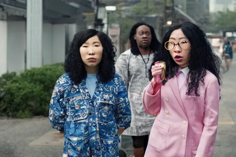 Prompt: awkwafina as an exaggerated caricature of a black woman in the new movie directed by jason friedberg and aaron seltzer, movie still frame, promotional image, critically condemned, top 6 worst movie ever imdb list, symmetrical shot, idiosyncratic, relentlessly detailed, limited colour palette