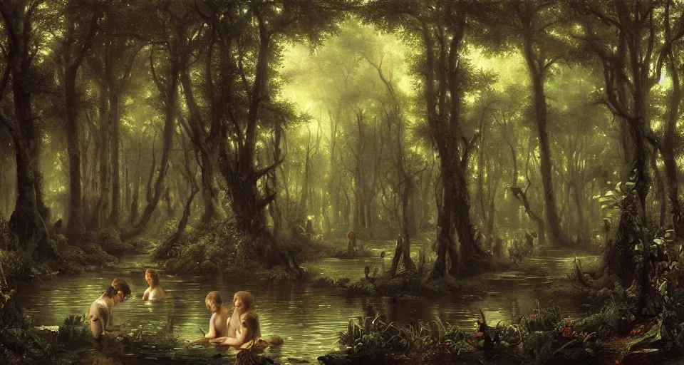 Prompt: A dense and dark enchanted forest with a swamp, by Guillaume Seignac