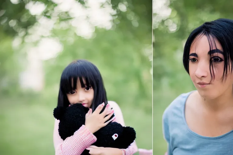 Prompt: canon, 30mm, bokeh, girl holding a teddy bear, snuggly, black hair