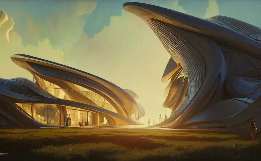 Image similar to exterior shot of utopian architecture laboratory with cinematic lighting by zaha hadid and renzo piano, darek zabrocki and greg ruthkowski, alphonse mucha, simon stalenhag, cinematic, lambda shape, scifi, futurism, atmospheric, sunset, concept art, artstation, trending on artstation