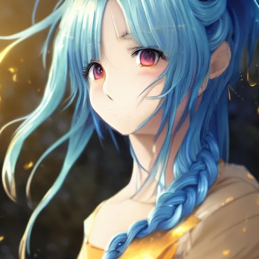 Prompt: a very beautiful anime girl, full body, long braided curly silver hair, sky blue eyes, full round face, short smile, casual clothes, golden grasslands, cinematic lightning, medium shot, mid-shot, highly detailed, trending on Artstation, Unreal Engine 4k, cinematic wallpaper by Stanley Artgerm Lau, WLOP, Rossdraws, James Jean, Andrei Riabovitchev, Marc Simonetti, and Sakimichan