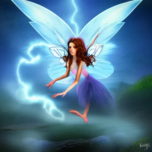 Image similar to evil fairy flying over a river, digital art, fantasy, light