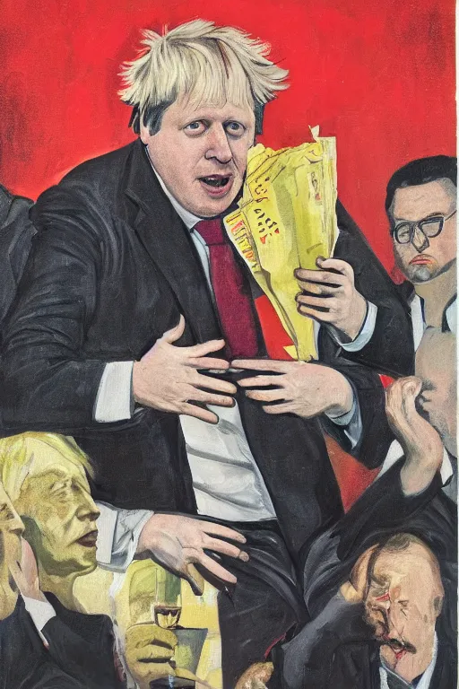 Prompt: a portrait of boris johnson at a party, communist propaganda