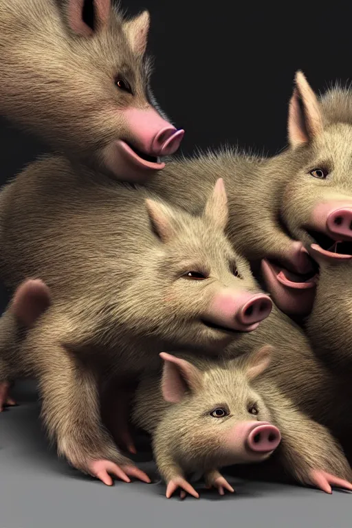 Image similar to three little pigs tickling the wolf who is begging for mercy. cinematic lighting, unreal engine, 8 k, hd extremely detailed. 4 k. award winning. ultra realistic photo.