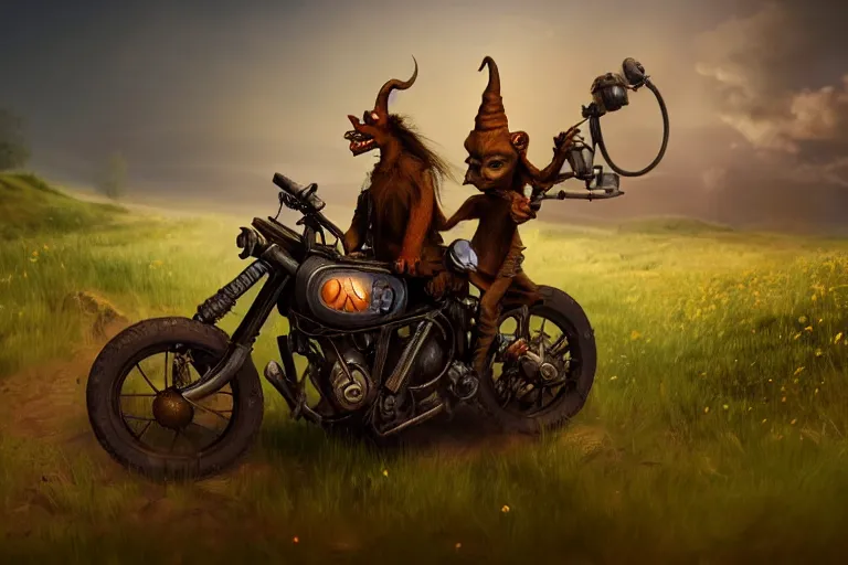 Image similar to a goblin riding a steampunk motorcycle on a dirt road in a meadow, volumetric light, studio lighting, hyperdetailed, artstation, cgsociety, 8k