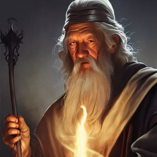 Prompt: Gandalf in the ruins of the temple of old gods holding a torch, featured on artstation, cinematic chiaroscuro, digital art by Leyendecker and Norman Rockwell