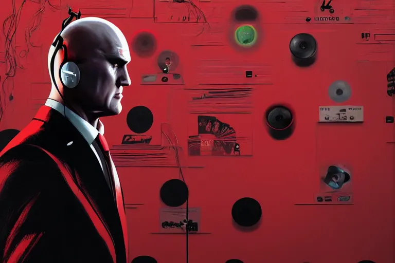 Image similar to an expressive portrait of agent 4 7 from hitman wearing headphones standing in front of a wall of vinyl records, speakers and cables, dark background, red rim light, digital art, artstation, concept art by giger stalenhag
