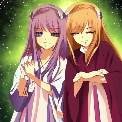 Prompt: two identical beautiful female wizards standing face to face, gorgeous anime art
