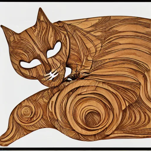 Image similar to kashmire motif of cats dissolving, made of wood, by moebius