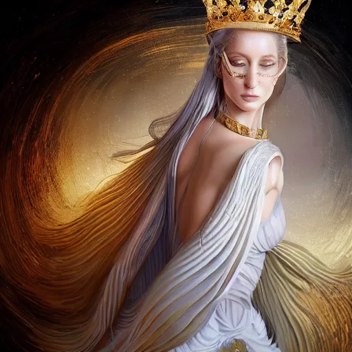 Image similar to a beautiful woman wearing a white dress made of silk, and a crown made of golden ornaments and diamonds jewelry by alex gray and android jones, karol bak, ayami kojima, amano, concept art, character design, fantasy, 3 d, 8 k resolution