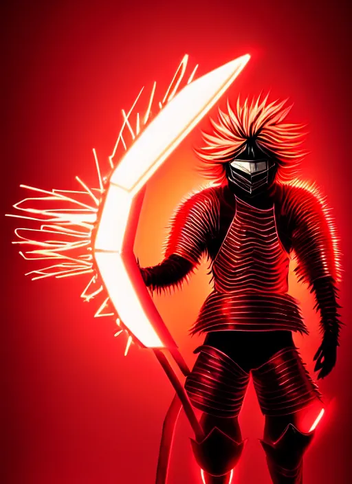 Image similar to a striking cinematic full body manga portrait of a long black haired masked male teenager wearing imposing red jagged spiked plate armour and glowing with raging powerful red energy by hirohiko araki and beeple, fine details, digital art, character concept art, volumetric lighting, cinematic light, photorealistic