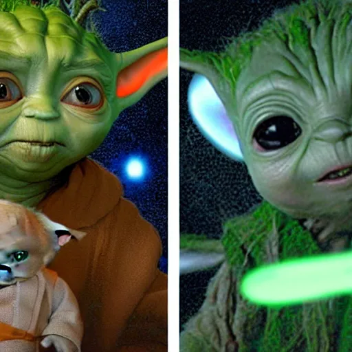 Image similar to baby yoda arguing with groot wearing star trek uniforms. high resolution.