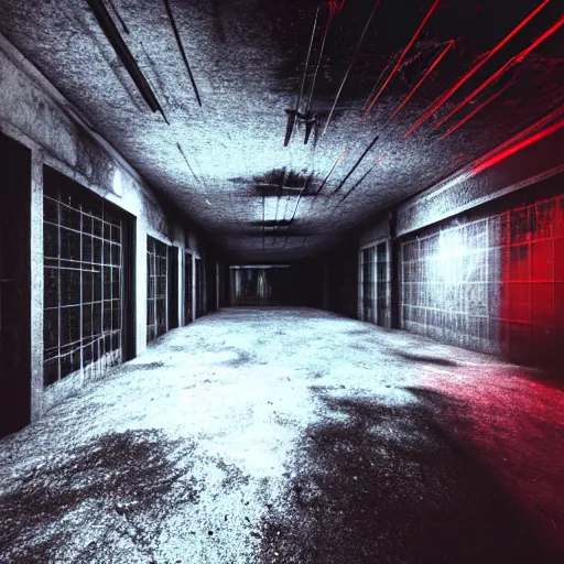 Image similar to cctv of an extremely dark empty abandoned building with glowing humanoid cryptid made out of television static, dark deep black shadows, red and black color contrast in the style of trevor henderson, liminal space, 3 d octane render, glitch effect