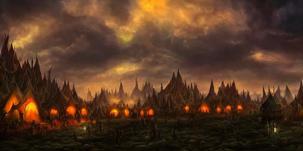 Prompt: a fantasy matte painting of dark evil circus tents silhouetted by an evil dramatic sky, tim burton, world of warcraft, league of legends
