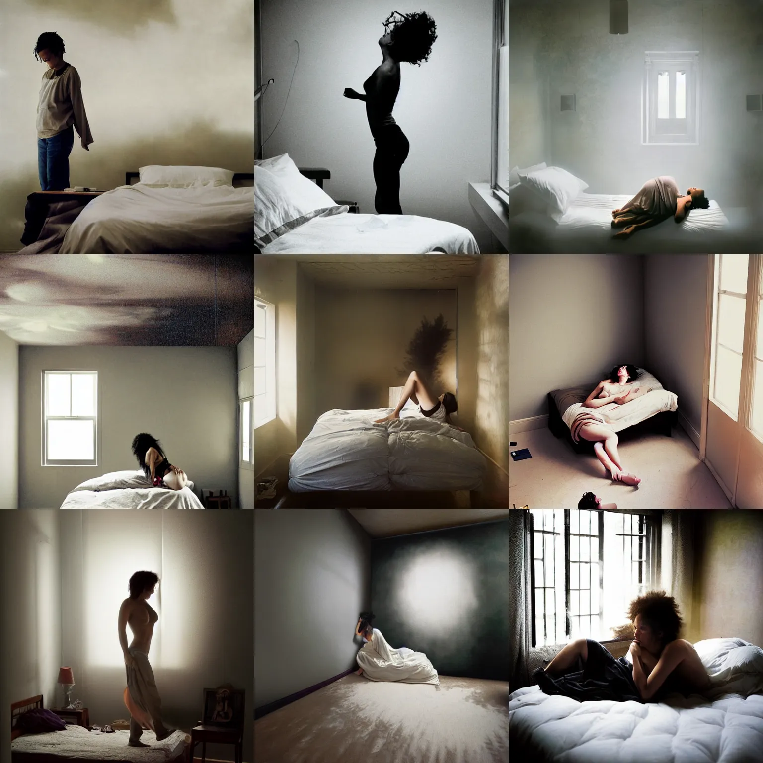 Prompt: biracial woman resting on her bed looking at camera, couple's room, photograph high detail, jeremy geddes miyazaki natural volumetric light