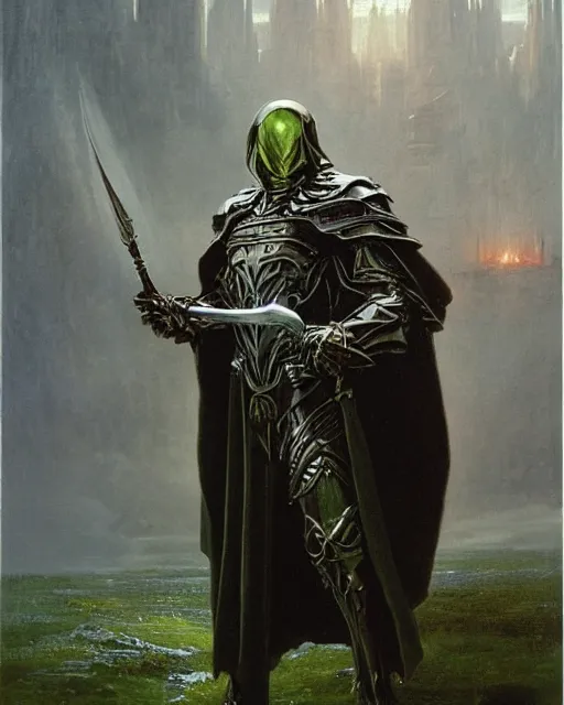 Image similar to A wizard. He has a very menacing expression. he wears robes and armour. Award winning oil painting by Thomas Cole and Wayne Barlowe. Highly detailed