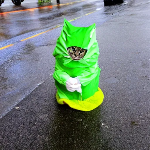 Prompt: a crying cat in the middle of a wet street while wearing a funny pickle costume, android photograph, meme picture