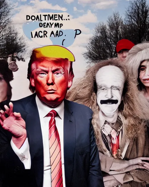 Image similar to if donald trump became a hippie, photoshoot in the style of diane arbus, hyperreal